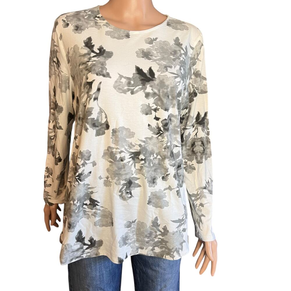 Pure Jill Women’s Pima Stretch Cotton Shirttail Tee LP Gray White Floral Print